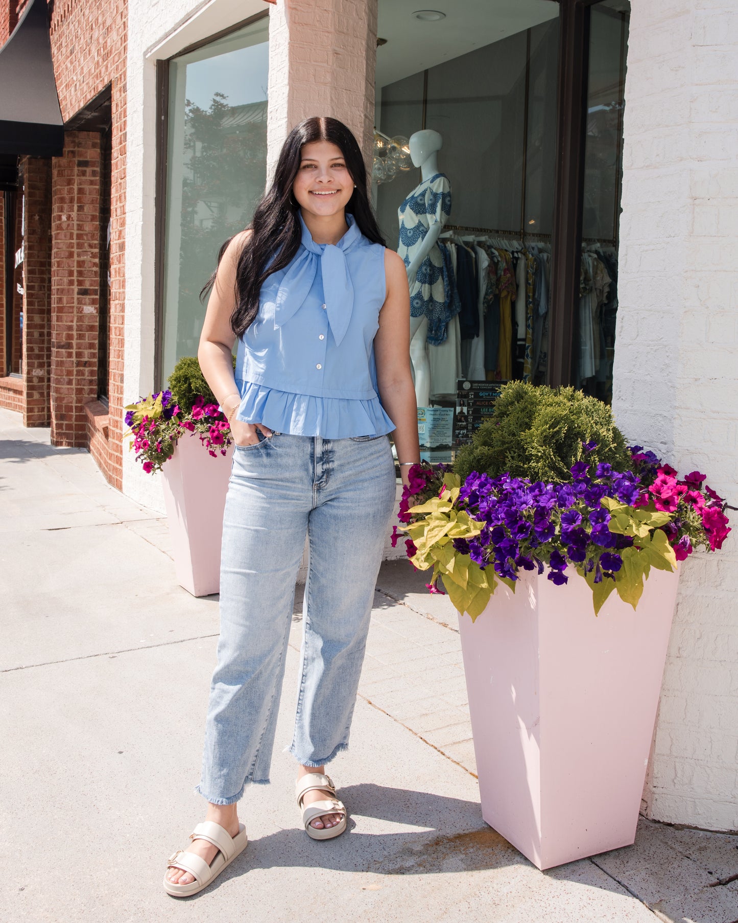 Tie-Neck Detail Sleeveless Top - Chambray