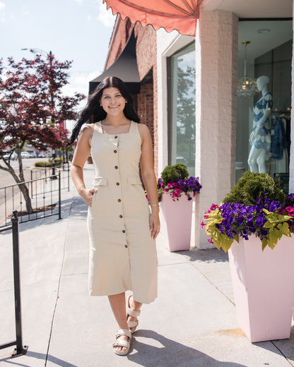Square Neck Solid Sleeveless Midi Dress - Ecru