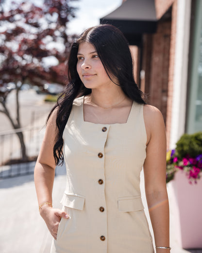 Square Neck Solid Sleeveless Midi Dress - Ecru
