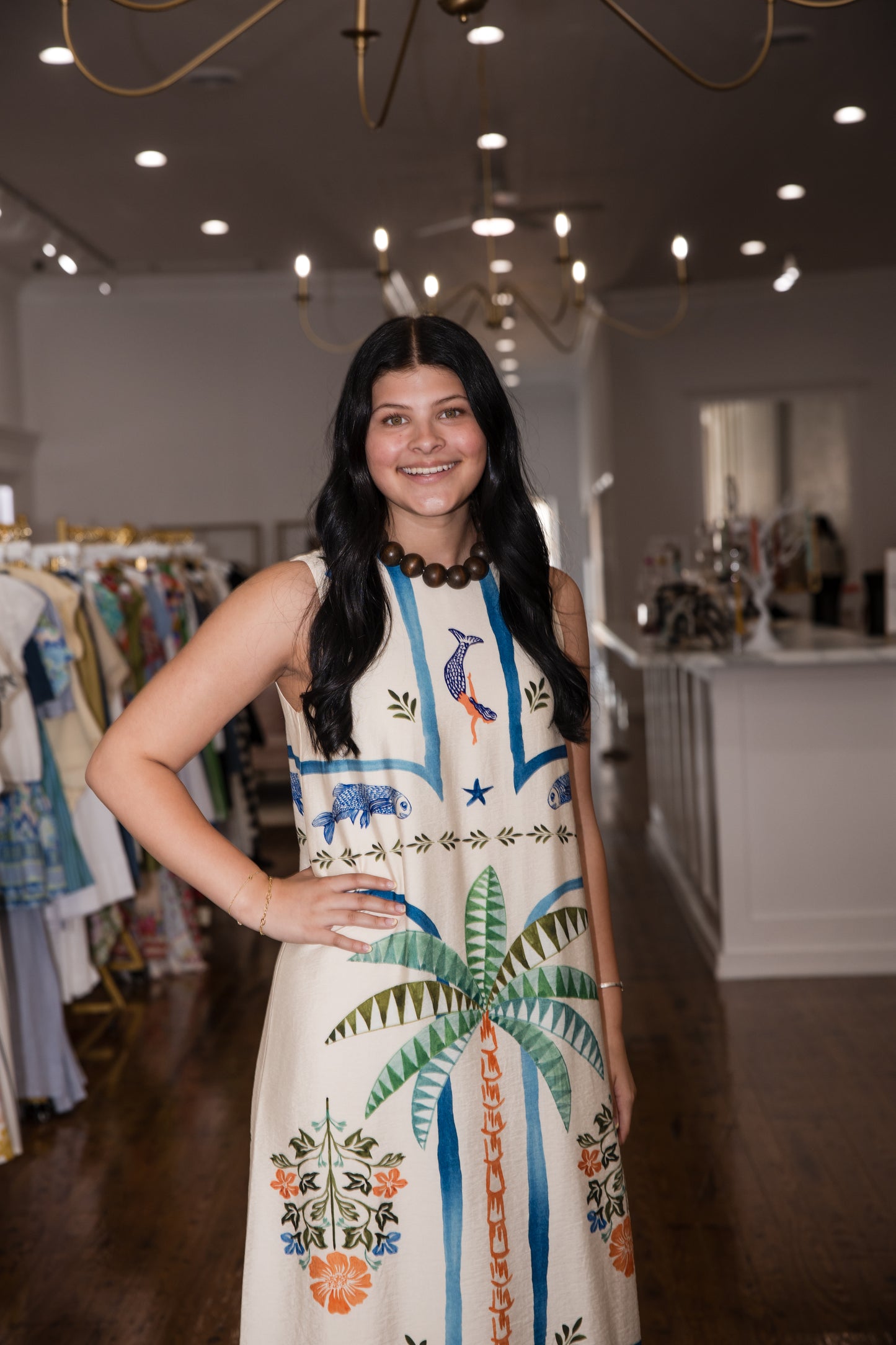 Palm & Mermaid Print Long Dress