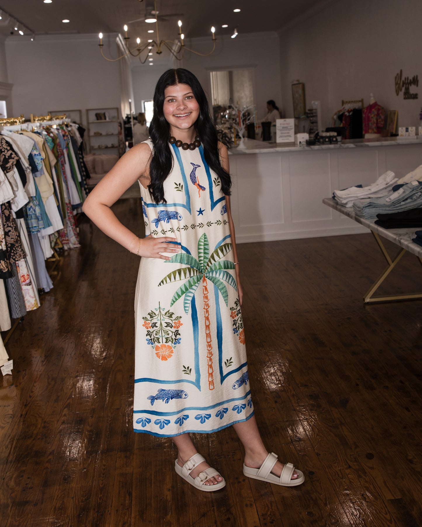 Palm & Mermaid Print Long Dress