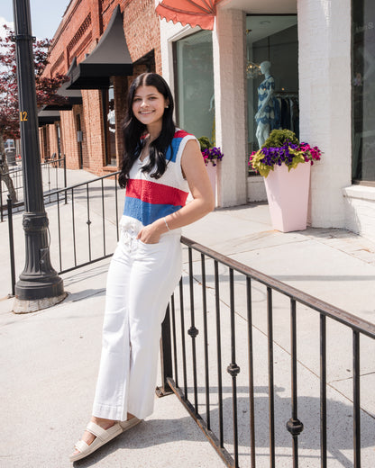 Striped Relaxed Crop Sweater Vest - Off White/Red