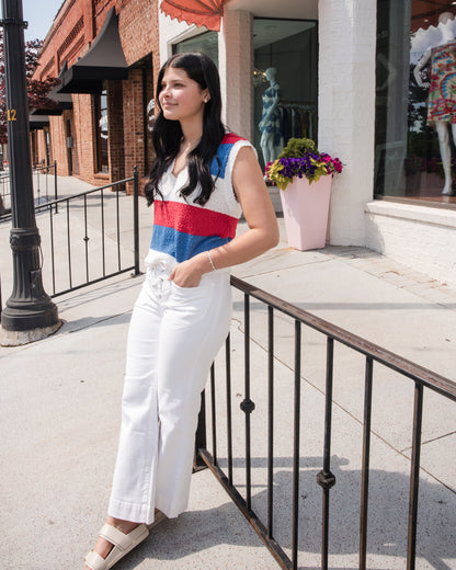 Striped Relaxed Crop Sweater Vest - Off White/Red