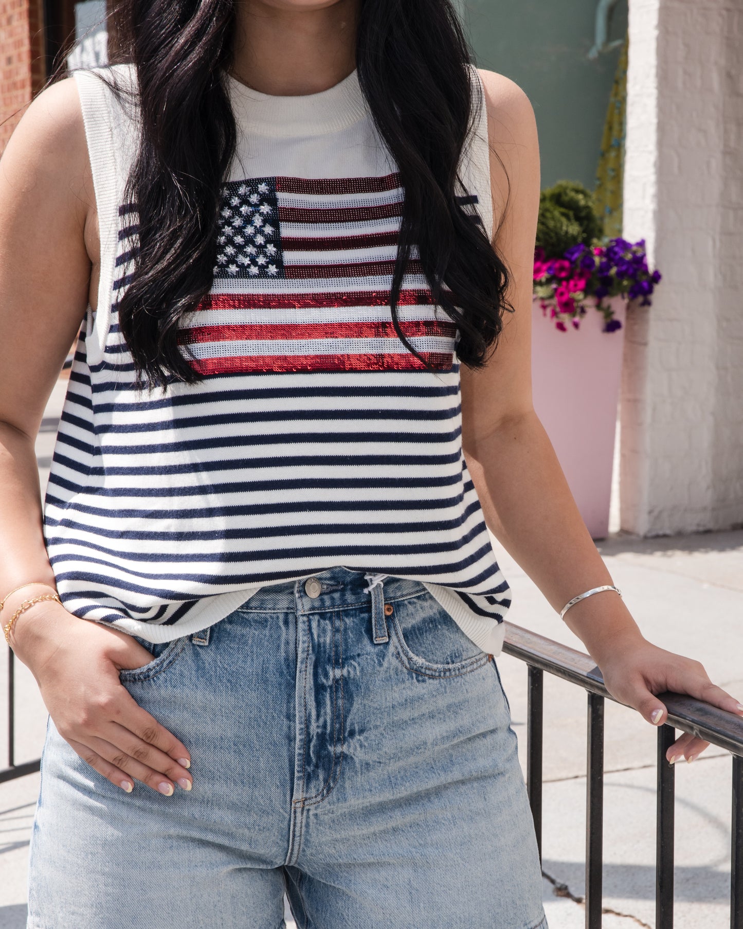 Queen of Sparkles Knit American Flag Stripe Tank Top