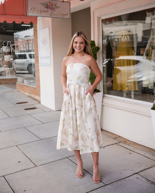 Printed Belted Tube Dress - Floral Meadow