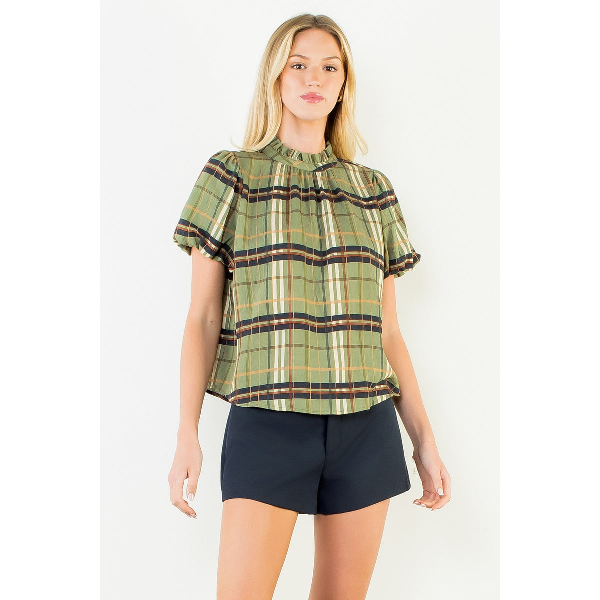 Ruffled Neck Plaid Top - Olive