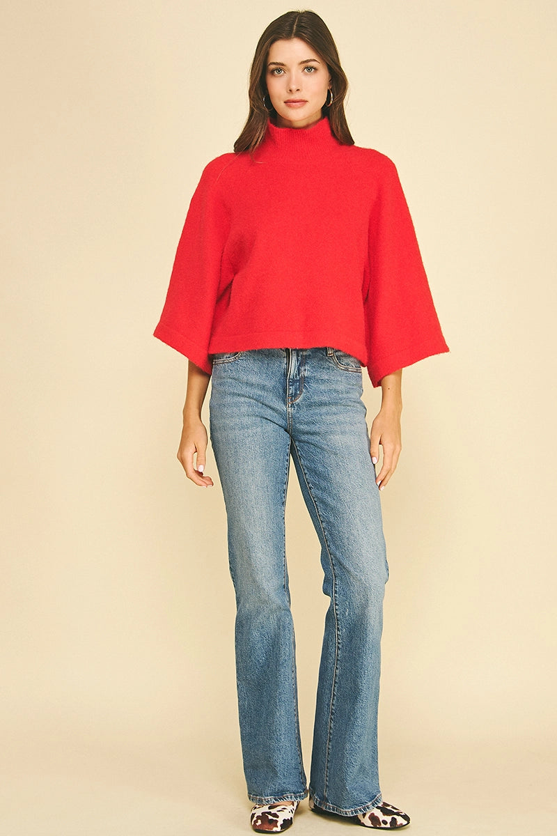 Wide Sleeve Mock Neck Sweater - Red