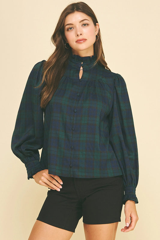 Plaid Ruffled Mock Neck Shirt - Navy/Green