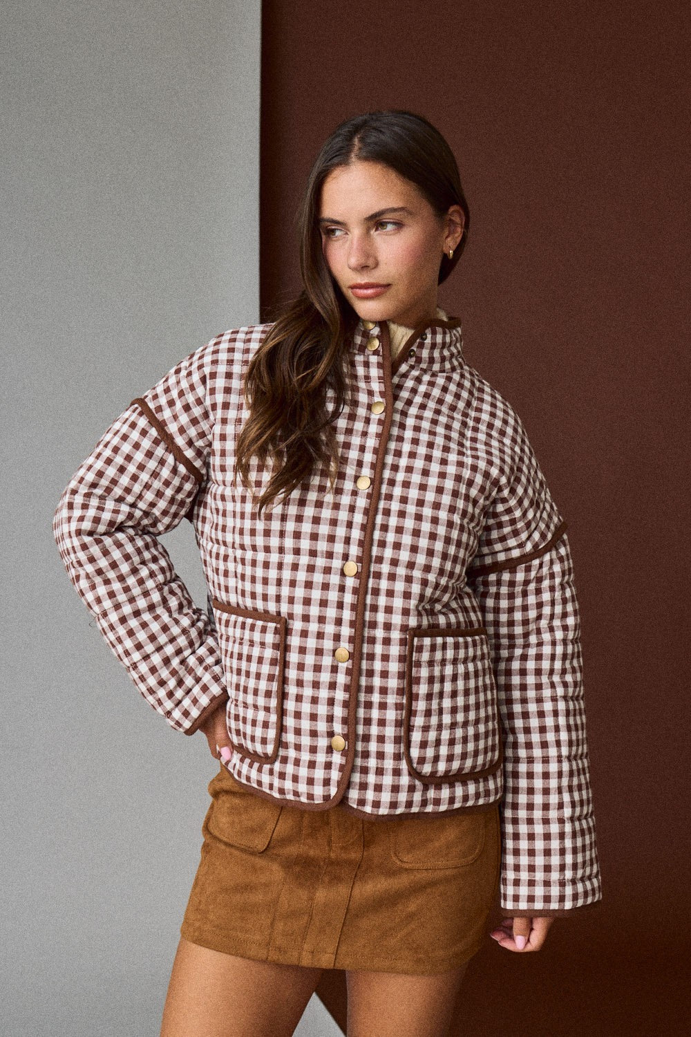 Gingham Quilted Jacket - Brown
