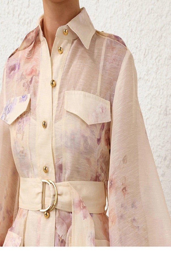 Floral Print Mini Shirt Dress - Apricot