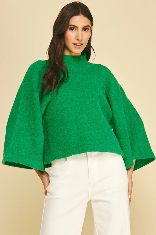 Wide Sleeve Mock Neck Sweater - Green