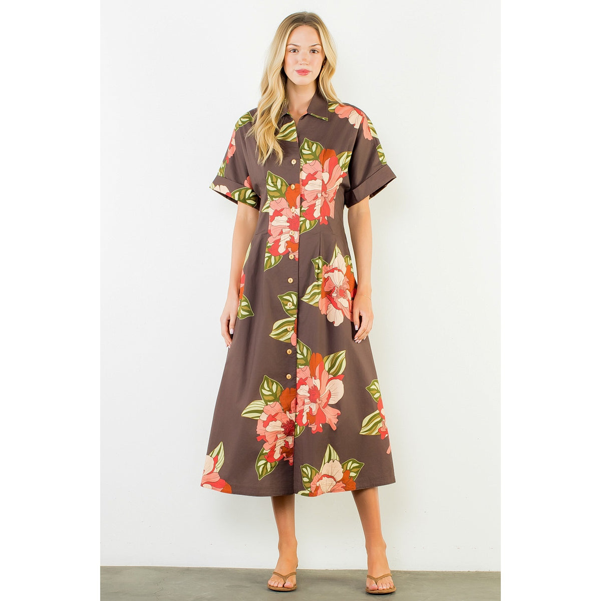 Long Flower Dress with Cuff Sleeves - Brown