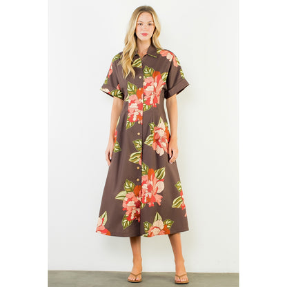 Long Flower Dress with Cuff Sleeves - Brown