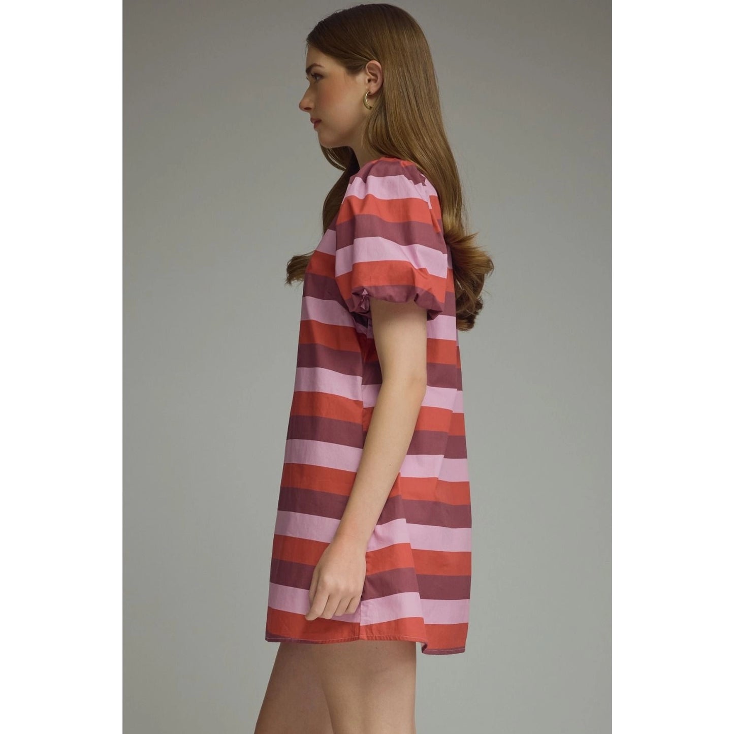 Stripe Short Puff Sleeve Mini Dress - Berry Combo