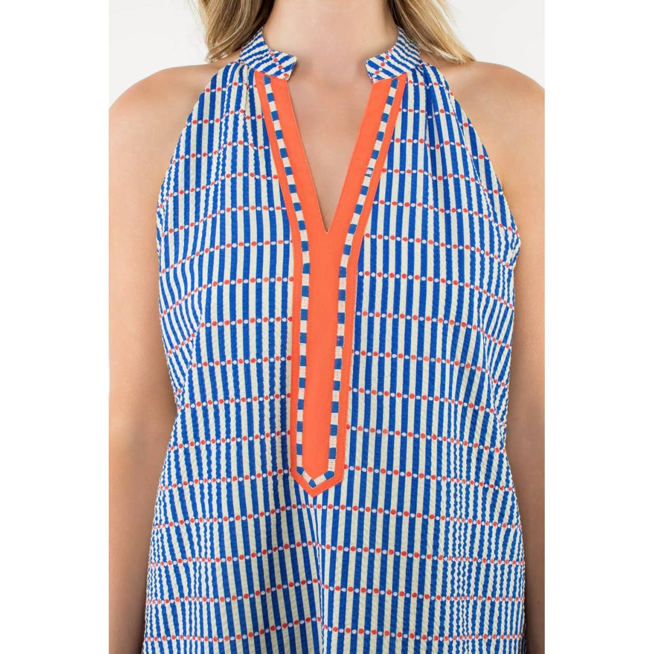 Contrast Trim Sleeveless Stripe Dress - Blue