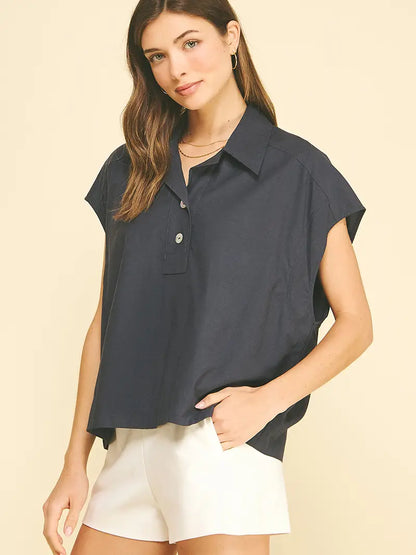 Solid Cap Sleeve Blouse Top - Navy