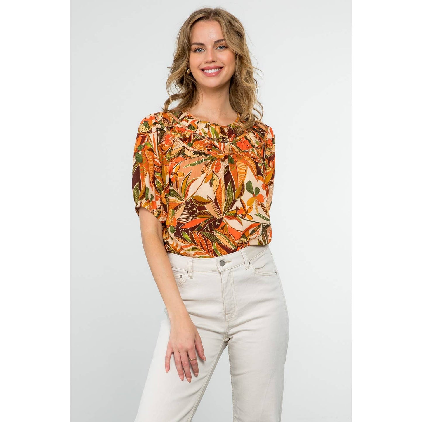 Puff Sleeve Floral Top - Beige