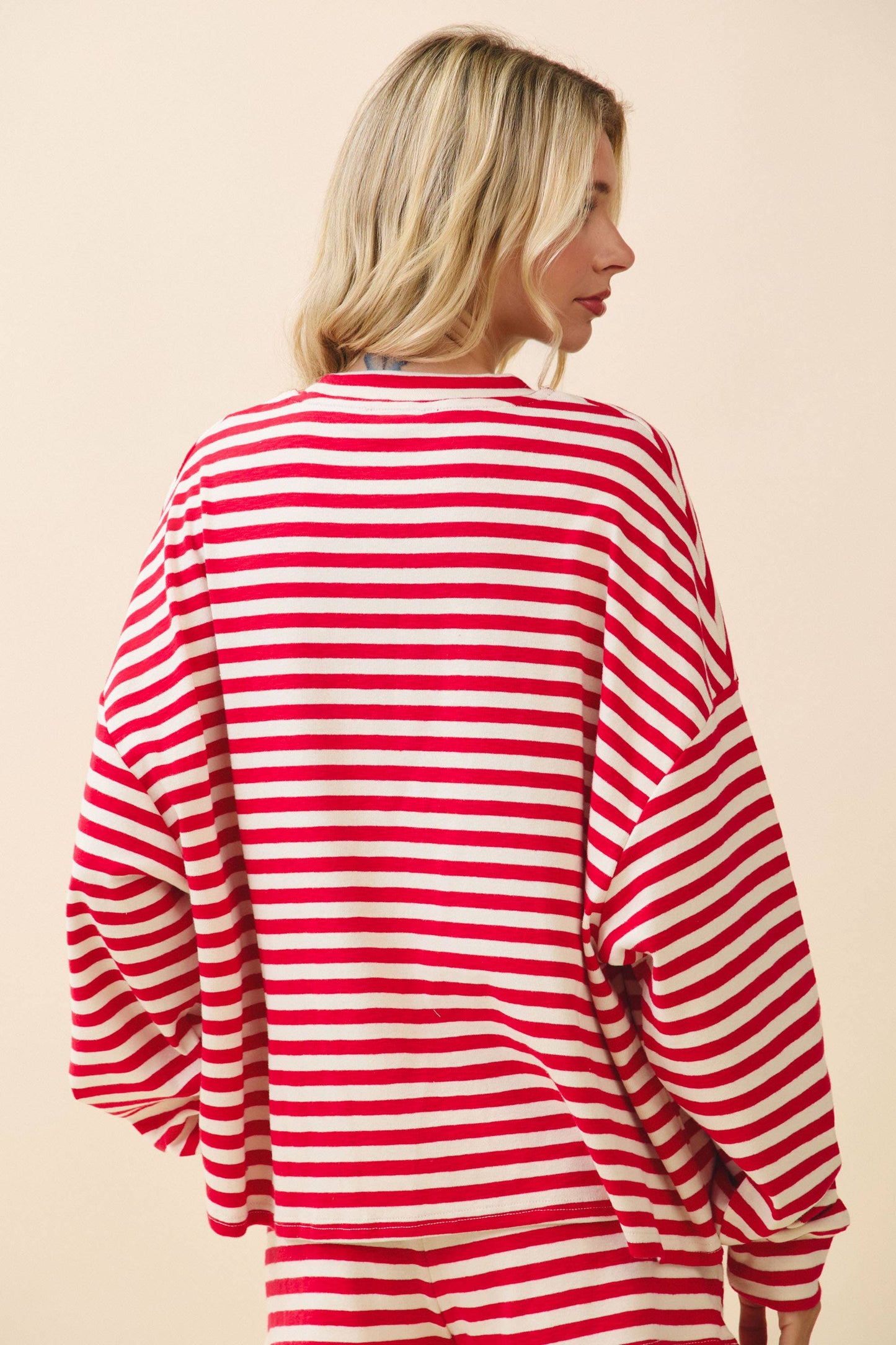 Striped Dropped Shoulders Relaxed Long Sleeve Top - Red
