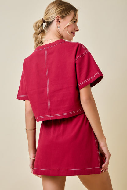 Boxy Cropped Contrast Stitch Detail Top - Maroon