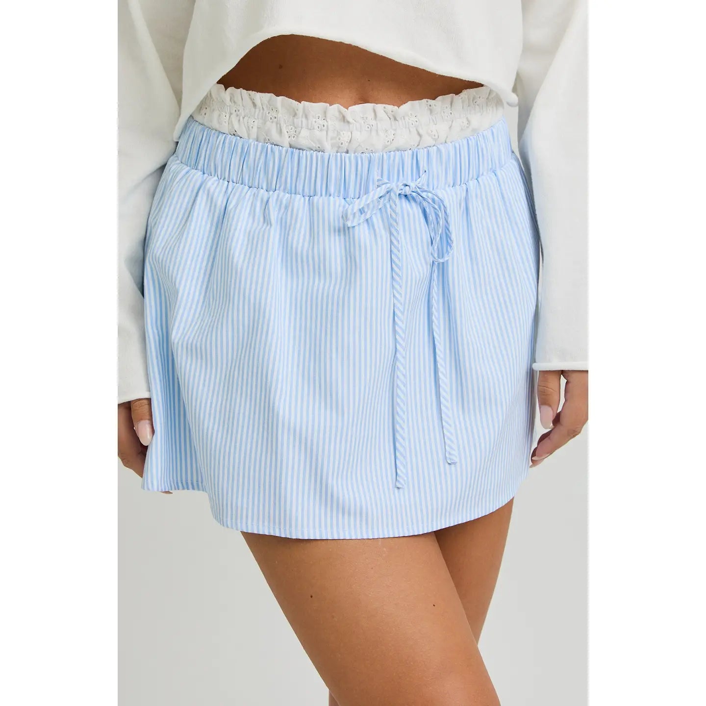 Contrast Waist Mini Skirt - White/Light Blue Stripe