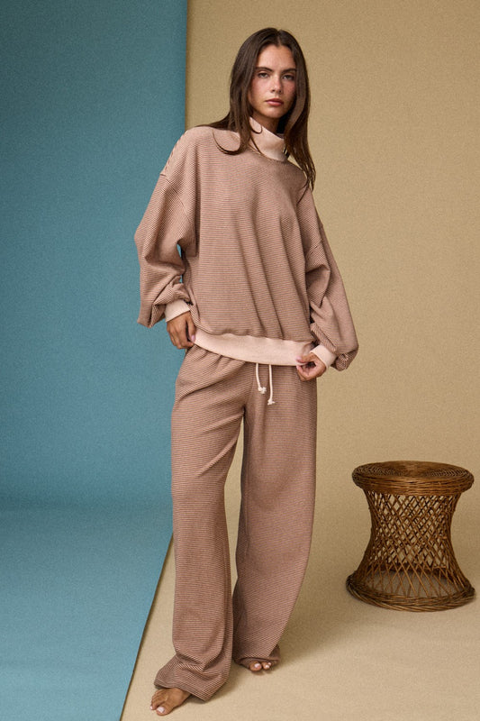 Mock Neck Stripe Lounge Set - Rust