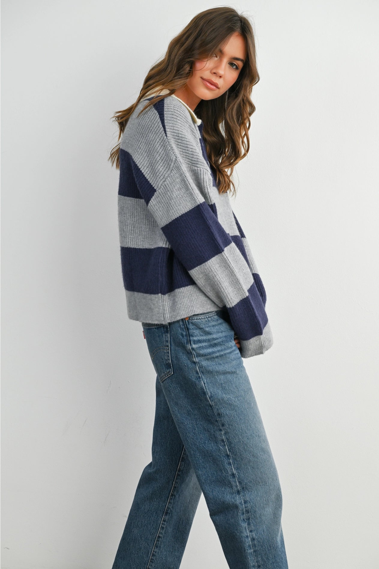 Buttoned Striped Collared Long Sleeve Top - Grey/Navy