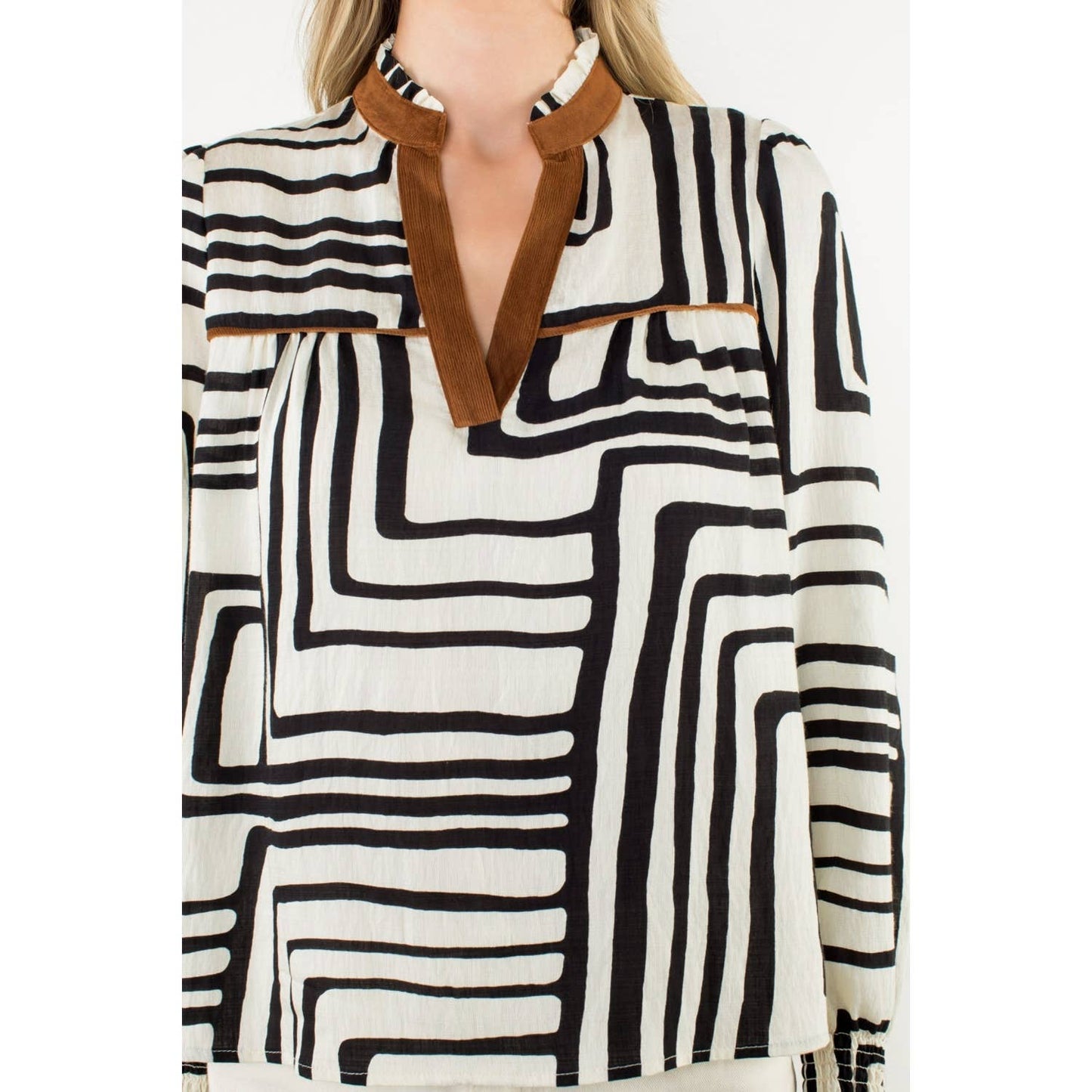 Abstract Print Long Sleeve V-Neck Top - Cream