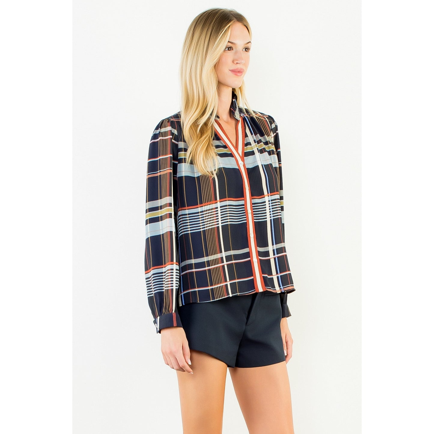 Plaid Long Sleeve Button Top - Navy