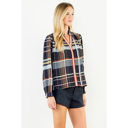 Plaid Long Sleeve Button Top - Navy