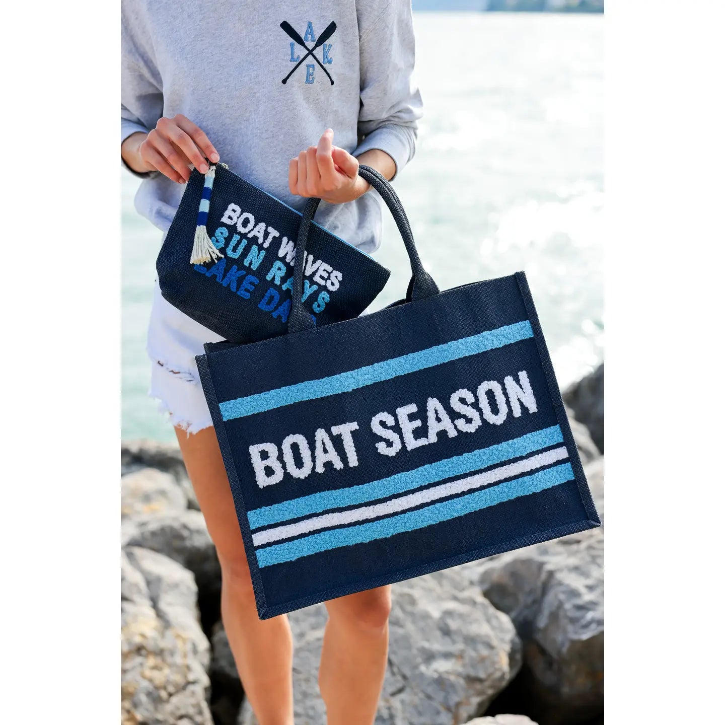 "Boat Waves Sun Rays Lake Days" Zip Pouch - Navy
