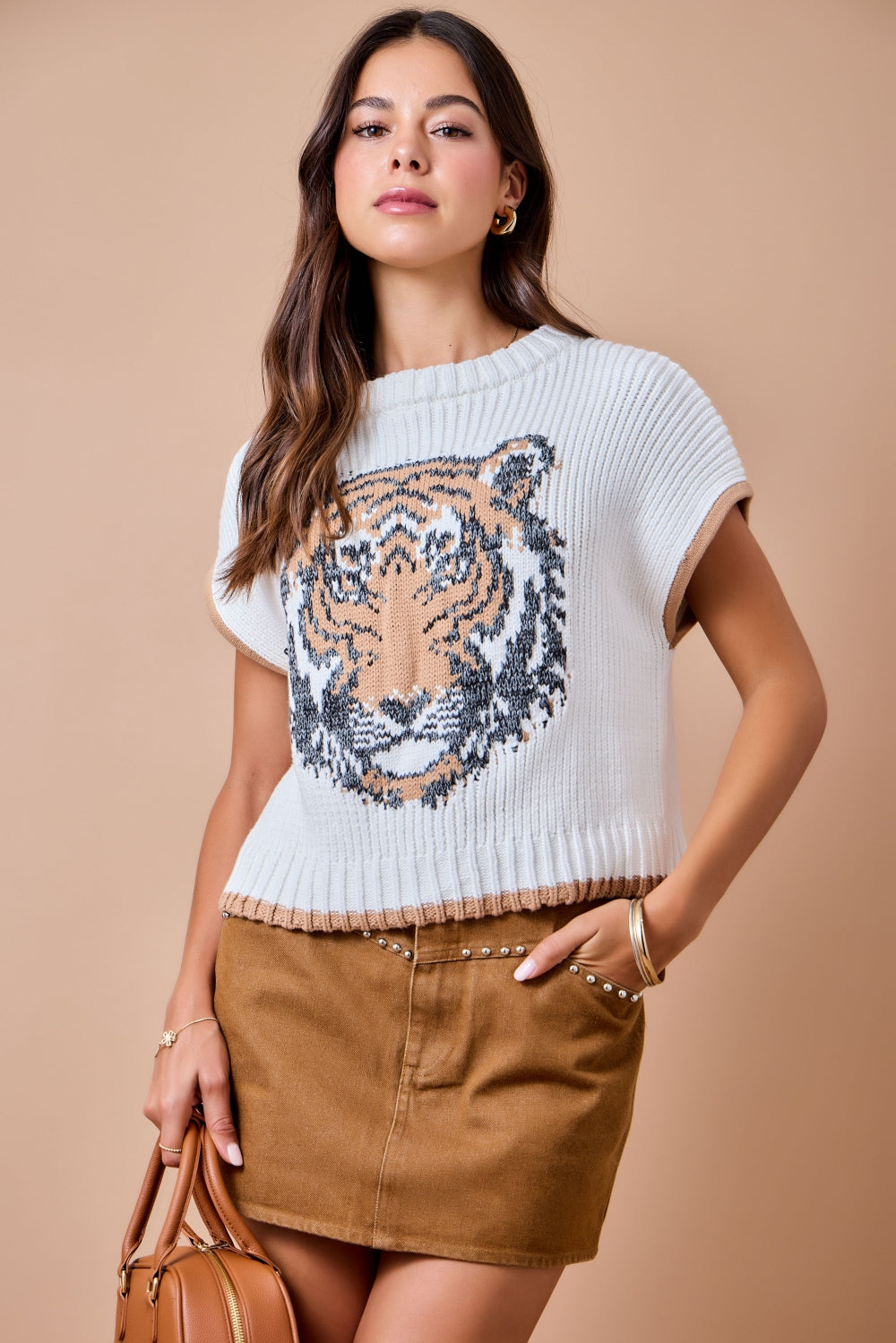 Game Day Tiger Intarsia Sweater Vest - Ivory/Brown