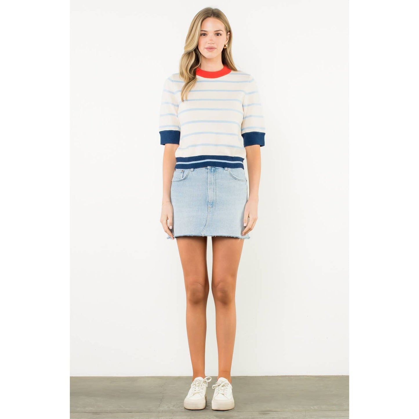 Colorblock Rib Trim Striped Knit Top - Cream