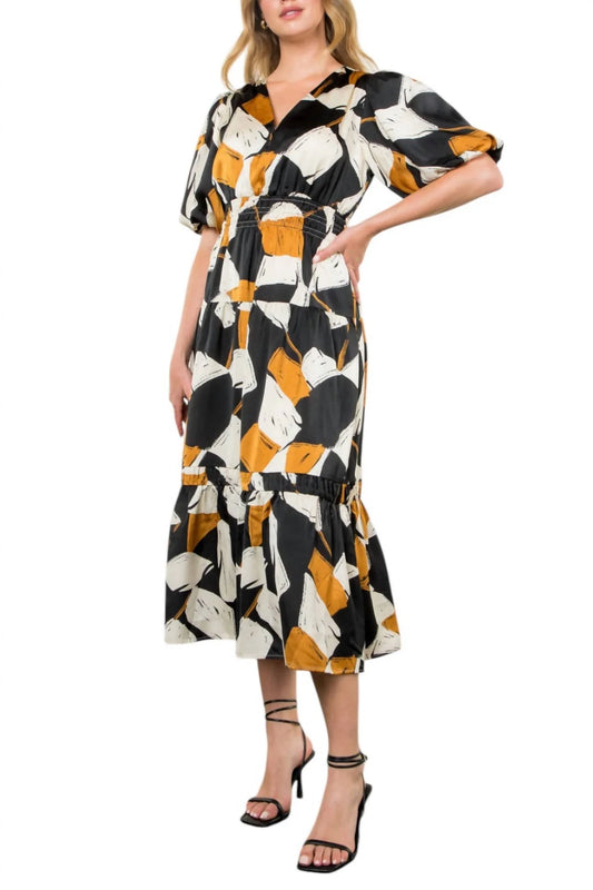 Puff Sleeve Tiered Print Dress - Black