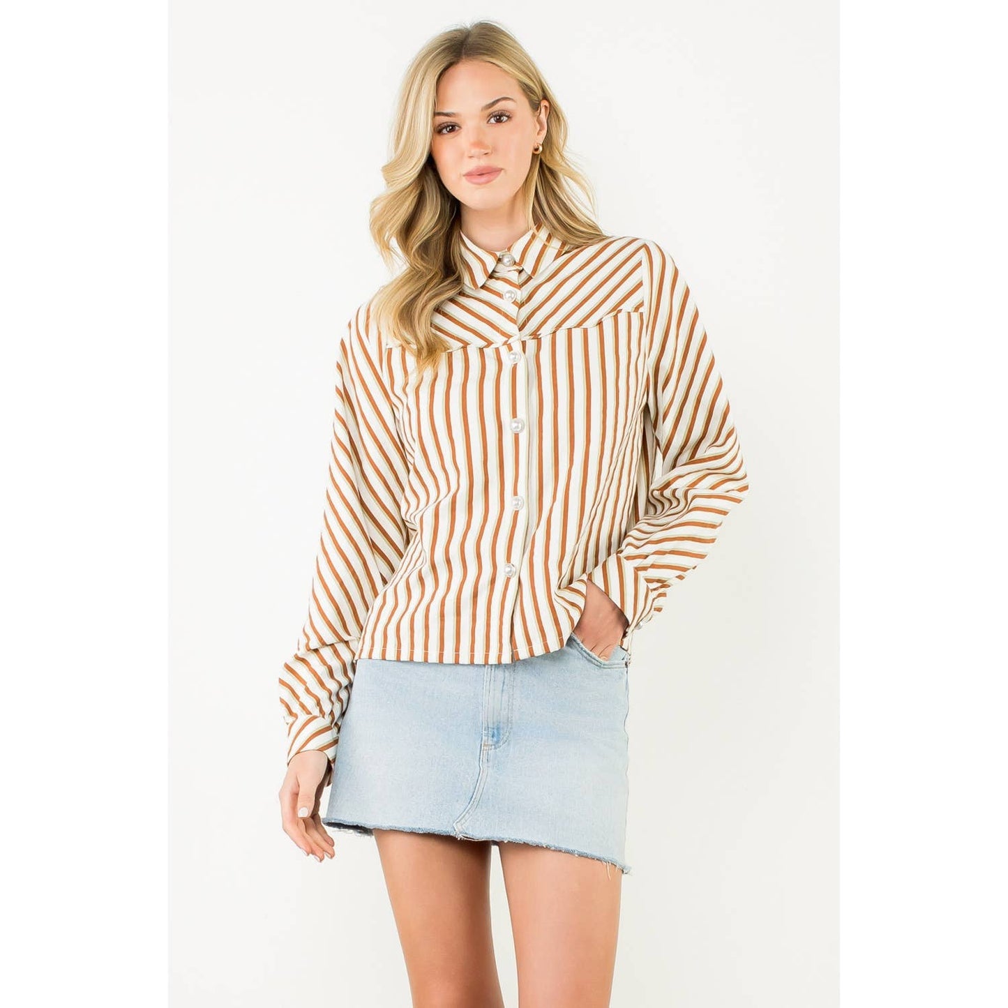 Pearl Button Long Sleeve Stripe Top - Brown