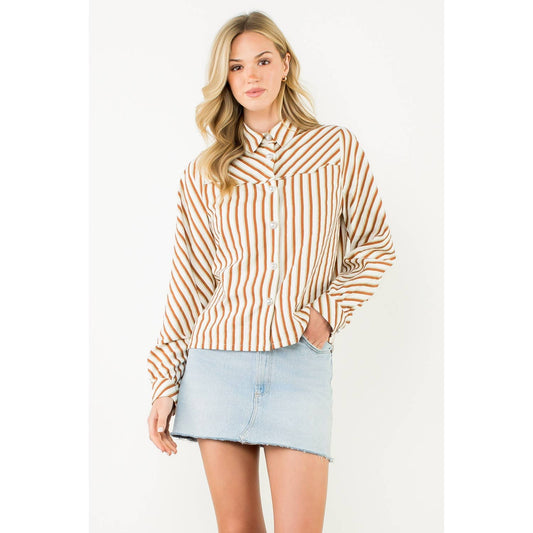 Pearl Button Long Sleeve Stripe Top - Brown