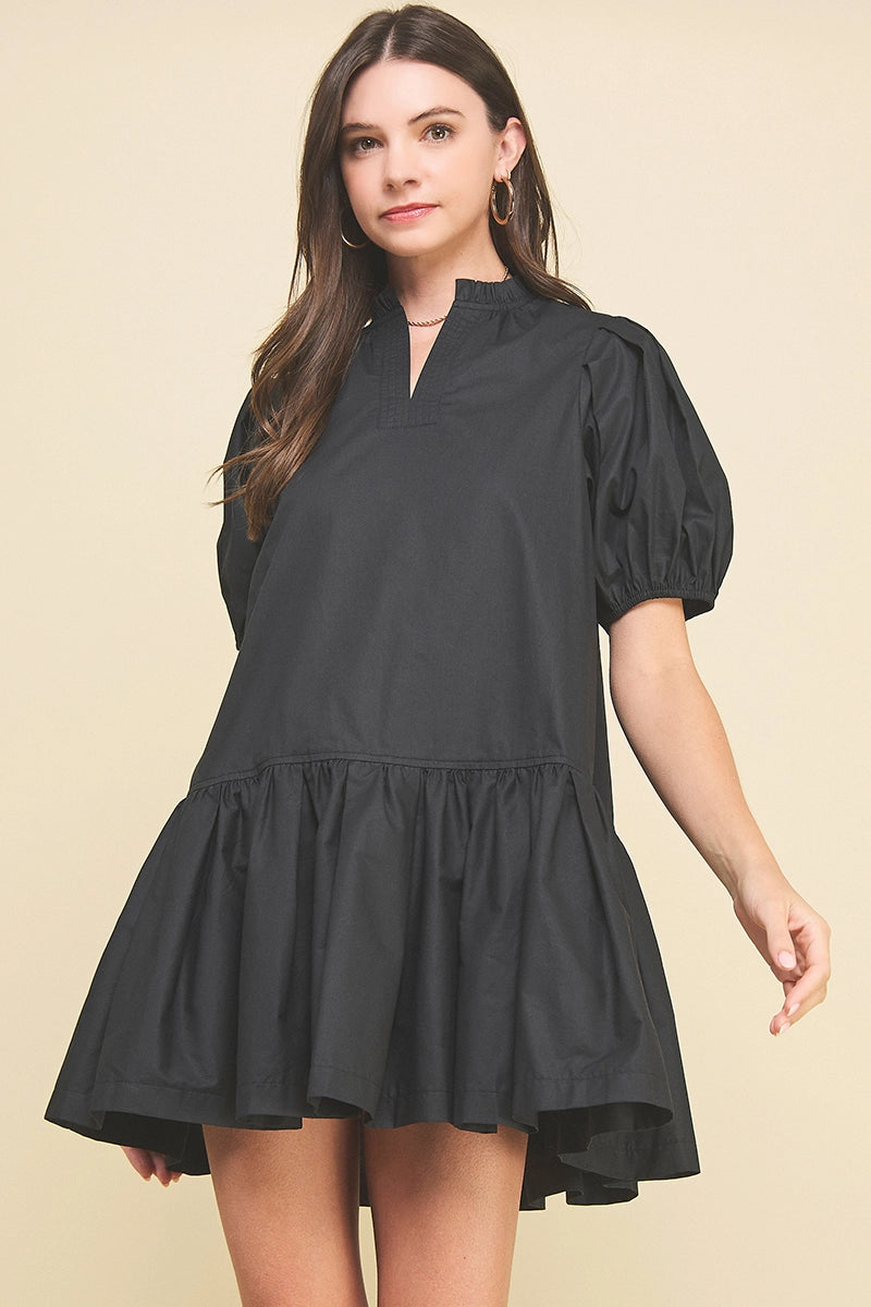 Solid Tiered Mini Dress - Black