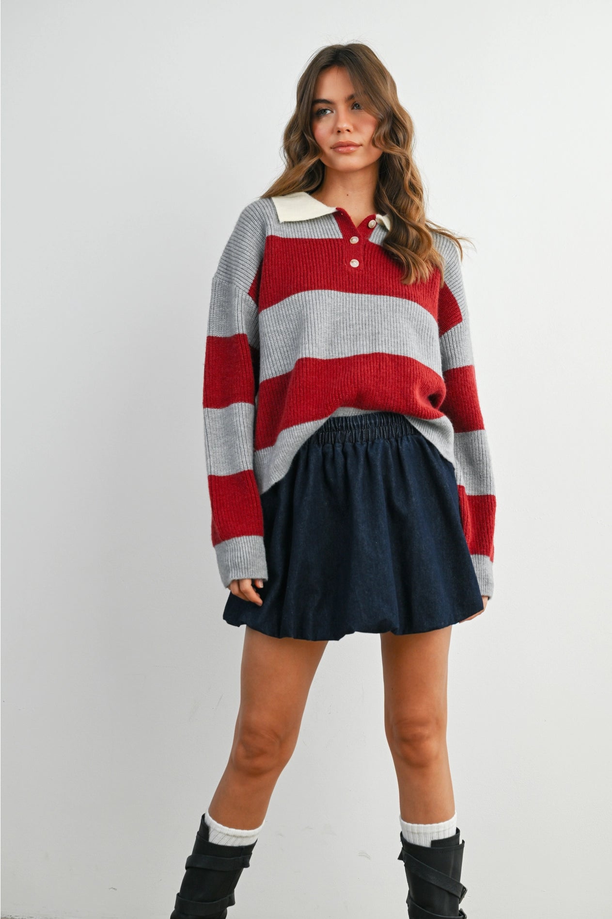 Buttoned Striped Collared Long Sleeve Top - Grey/Burgundy