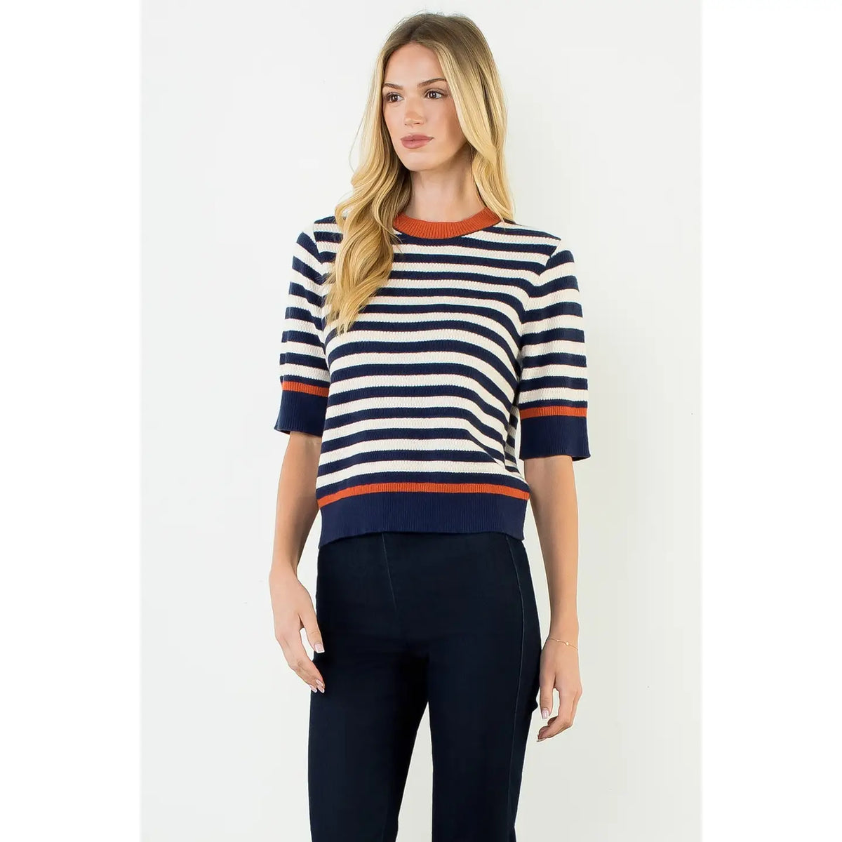 Stripe Short Sleeve Sweater Top - Navy/Orange