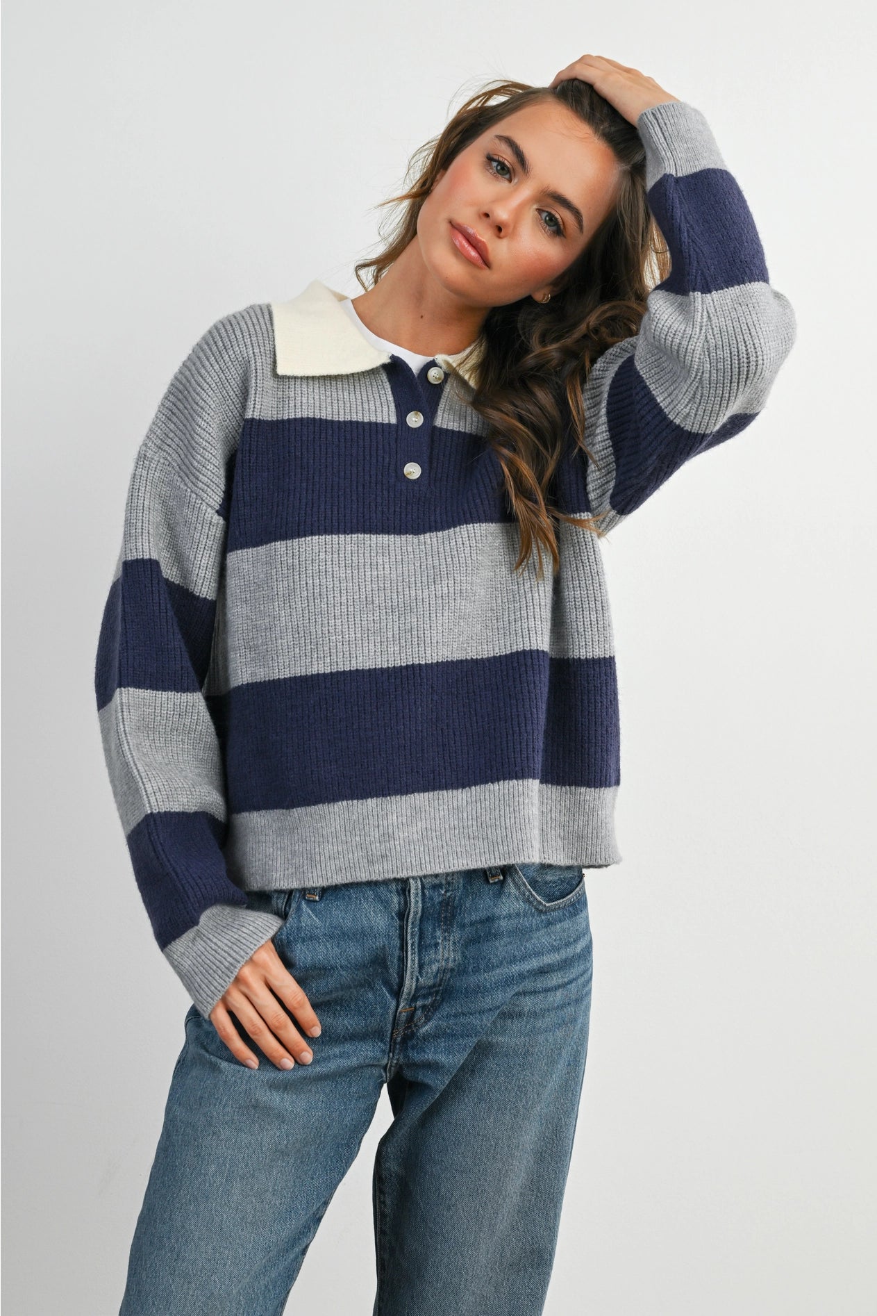 Buttoned Striped Collared Long Sleeve Top - Grey/Navy
