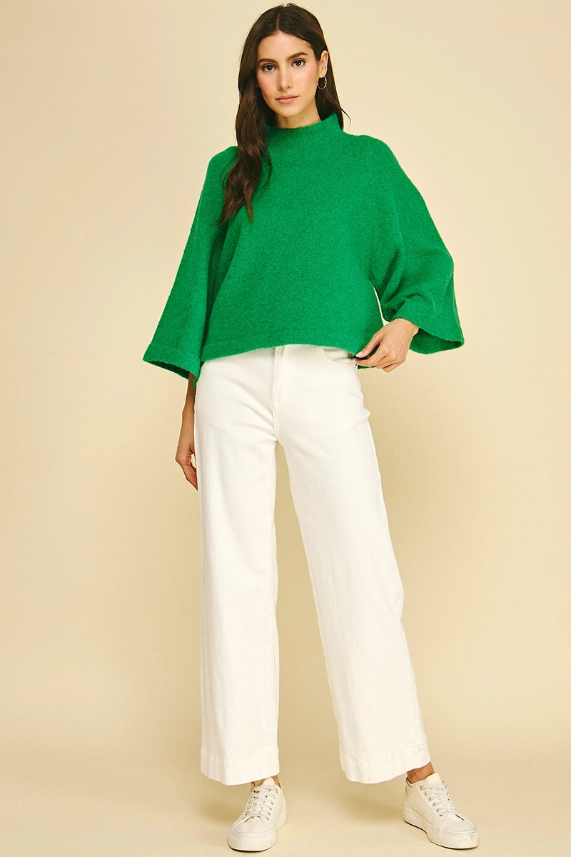 Wide Sleeve Mock Neck Sweater - Green