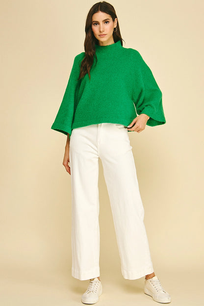 Wide Sleeve Mock Neck Sweater - Green