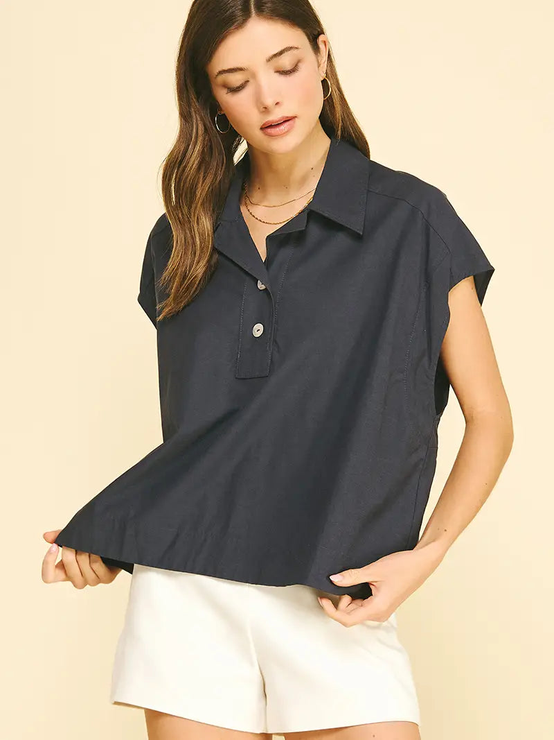 Solid Cap Sleeve Blouse Top - Navy
