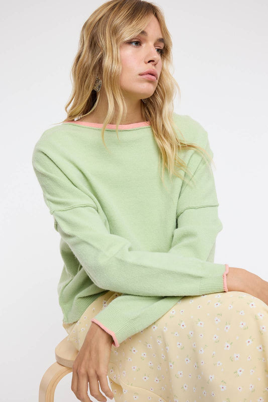 Brushed Contrast Boat Neck Sweater - Matcha/Melon