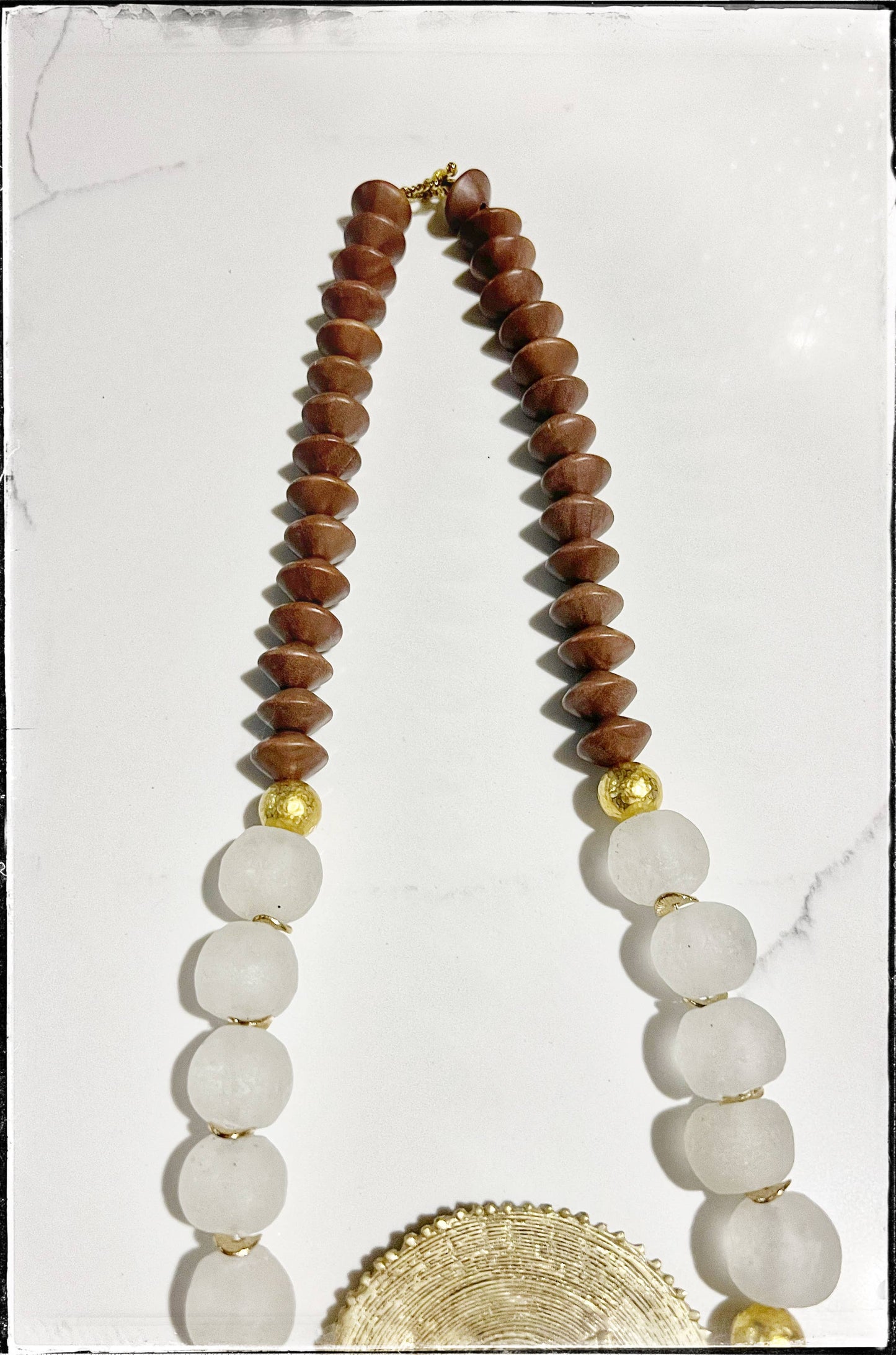 Brass Baule Pendant Necklace w/ Wood & Glass Bead - White