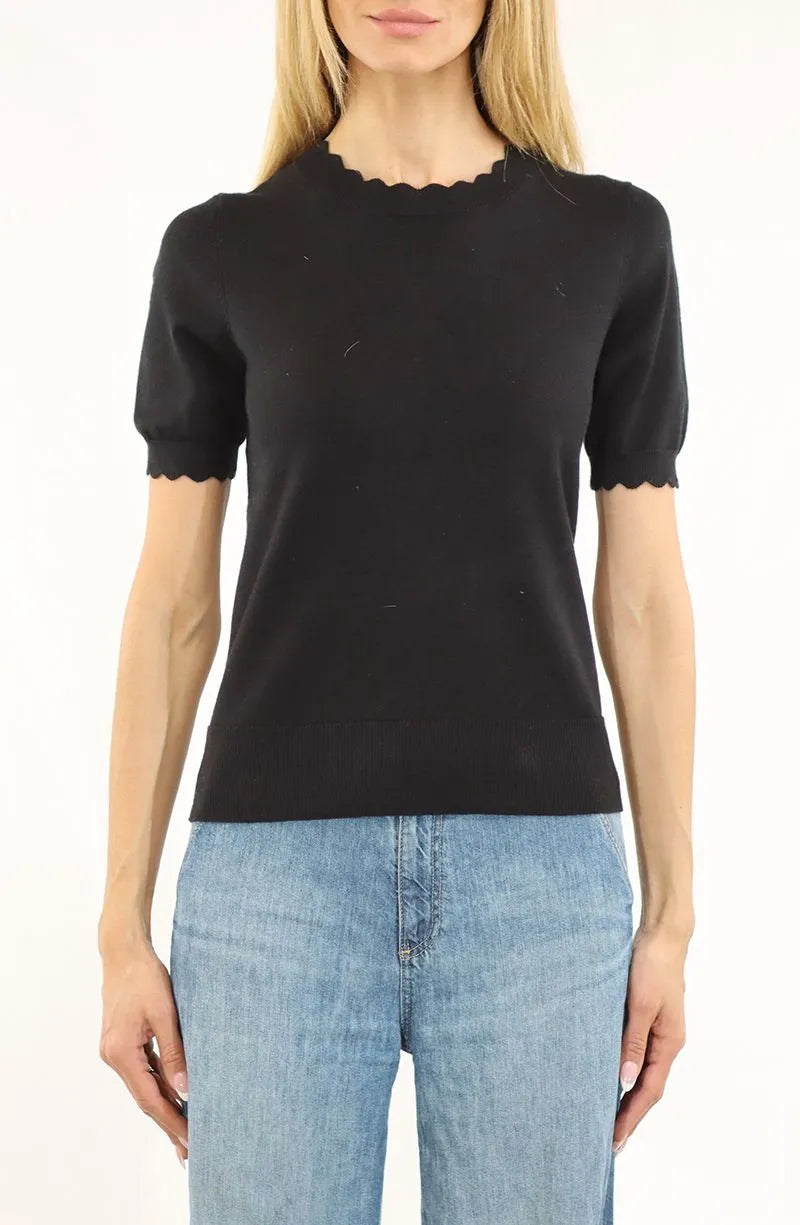 Short Sleeve Pullover with Scallop Edge Trim - Black