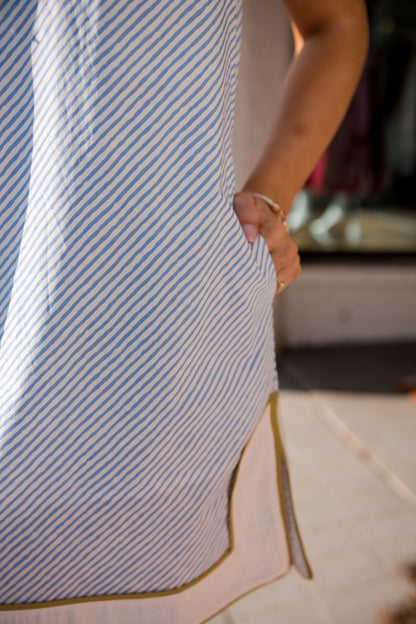 Diagonal Stripe Detail Trim Dress - Blue