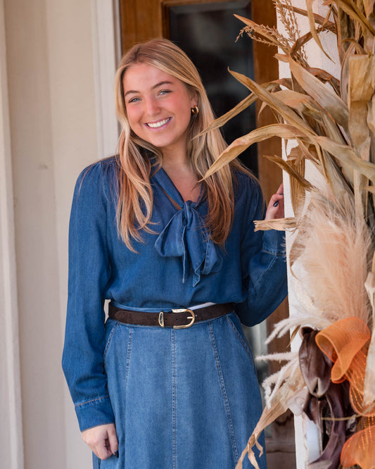 Denim Tie Neck Long Sleeve Blouse - Dark Denim