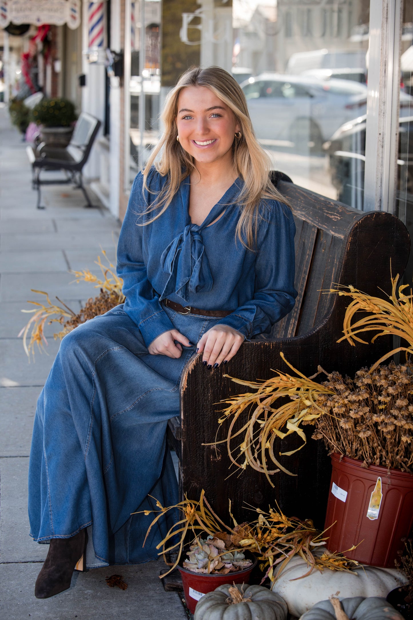 Denim Tie Neck Long Sleeve Blouse - Dark Denim