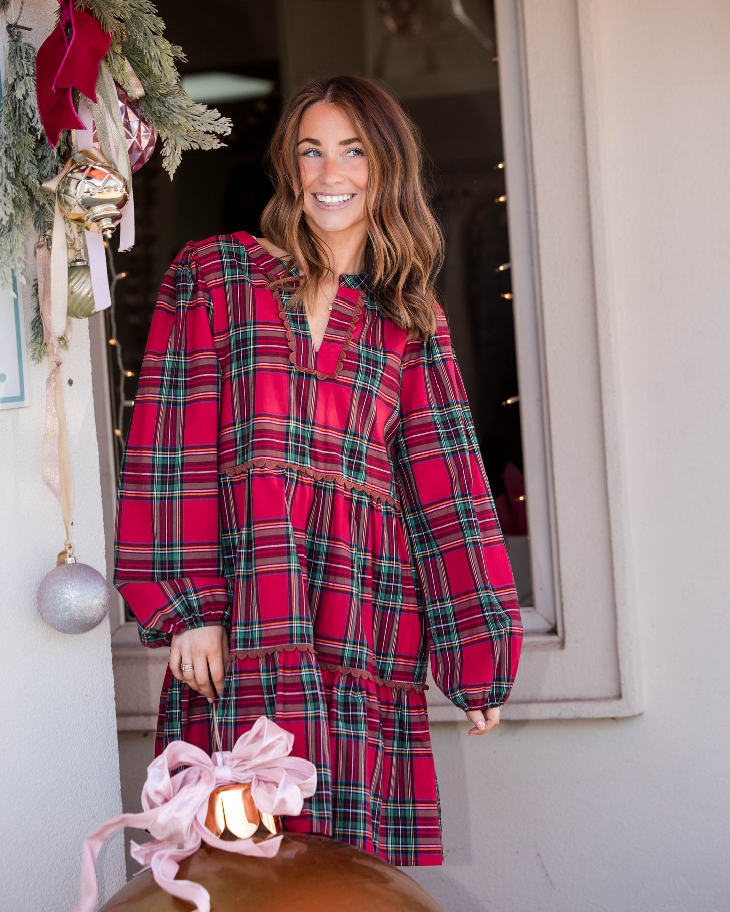 Plaid Scallop Trim Detail Babydoll Mini Dress - Red