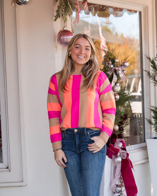Fabiola Vertical Stripes Sweater - Beige/Orange/Pink